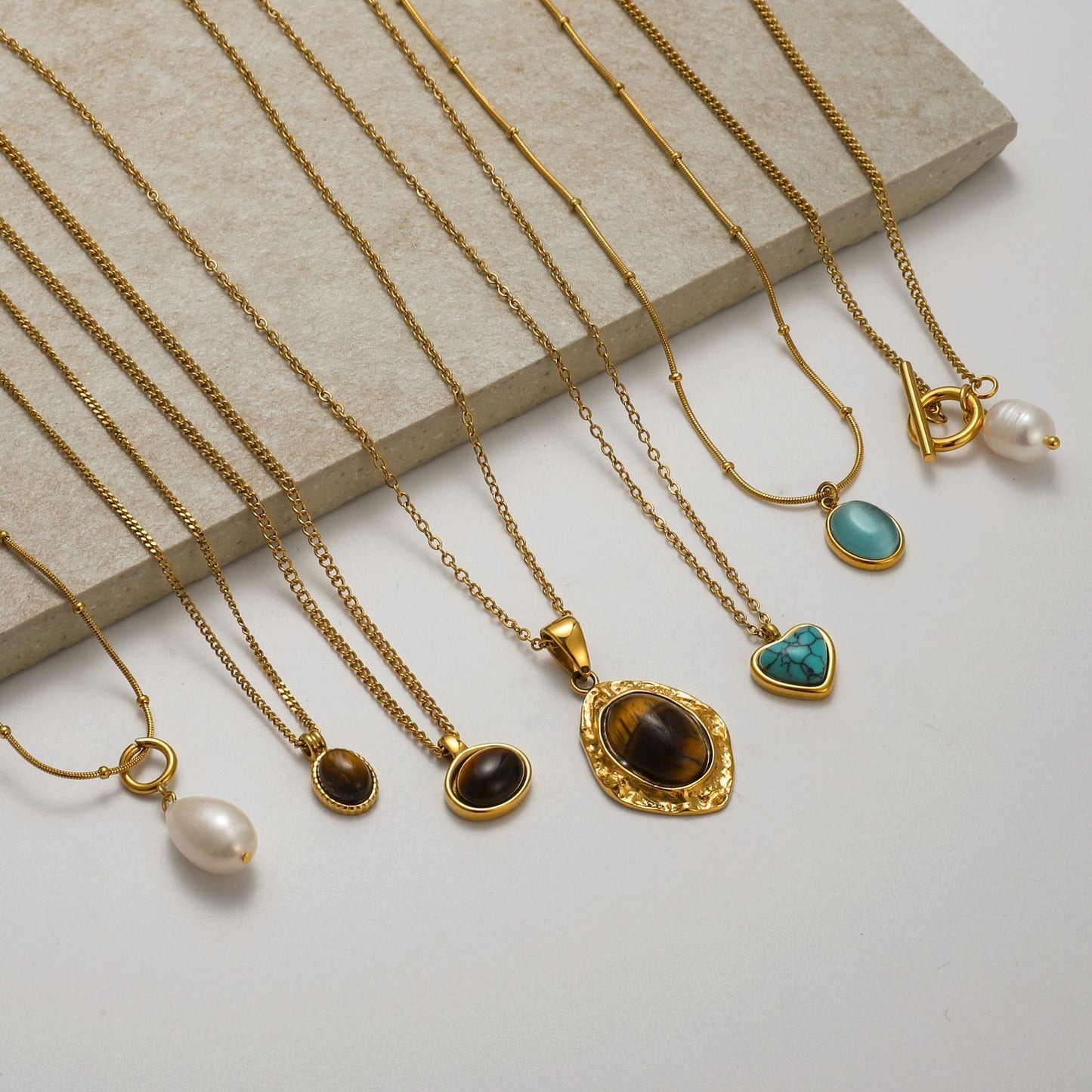 Titanium Steel Collarbone Chain – Pearl & Tiger Eye Accent