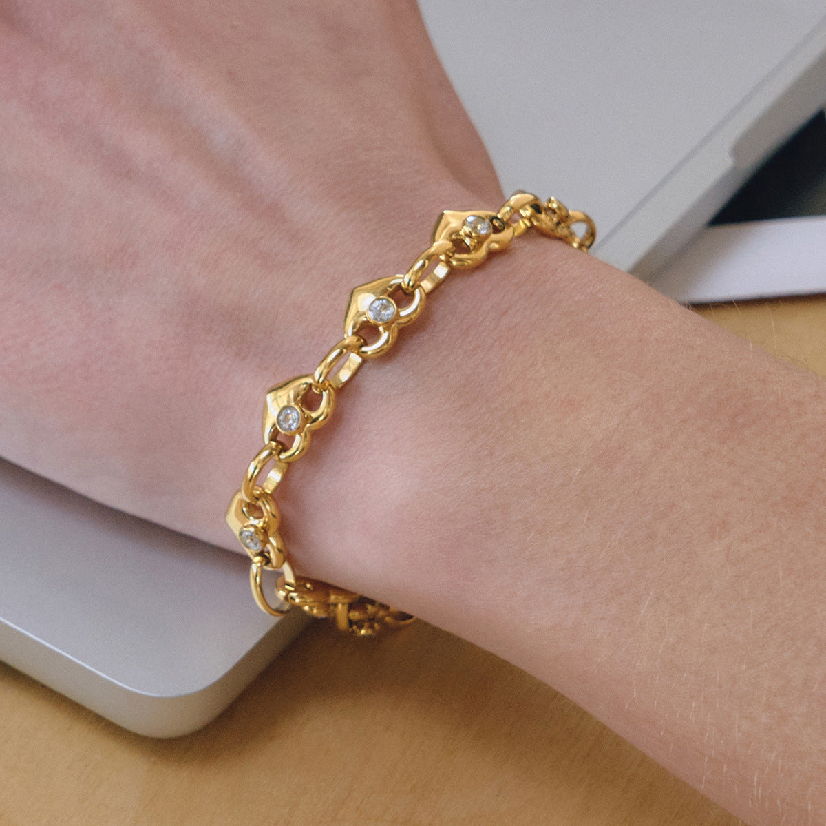 Gold Titanium Steel Heart Zircon Bracelet – Chic & Playful