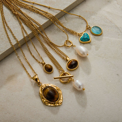 Titanium Steel Collarbone Chain – Pearl & Tiger Eye Accent