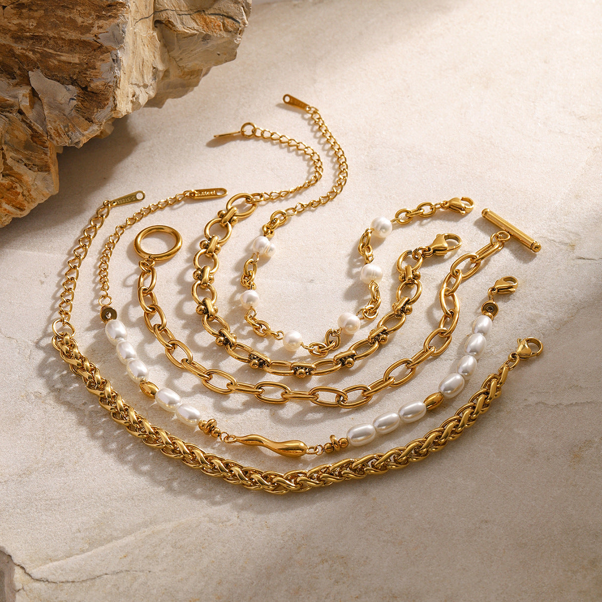 Gold Stainless Steel Pearl Bracelet – Elegant Minimalism