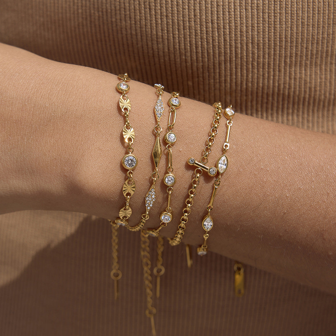 Stainless Steel Zircon Stackable Bracelet – Tarnish-Free · 18K Gold Finish
