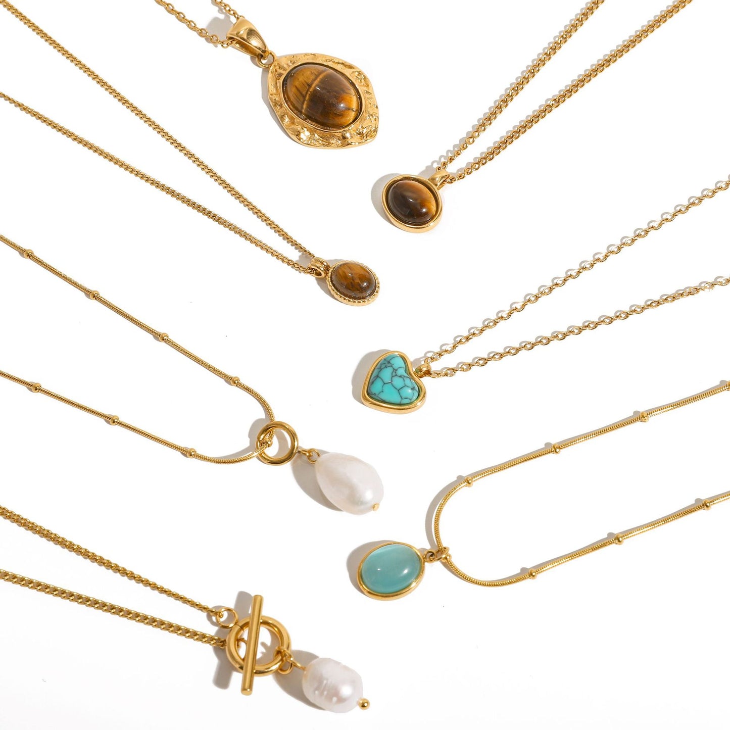 Titanium Steel Collarbone Chain – Pearl & Tiger Eye Accent