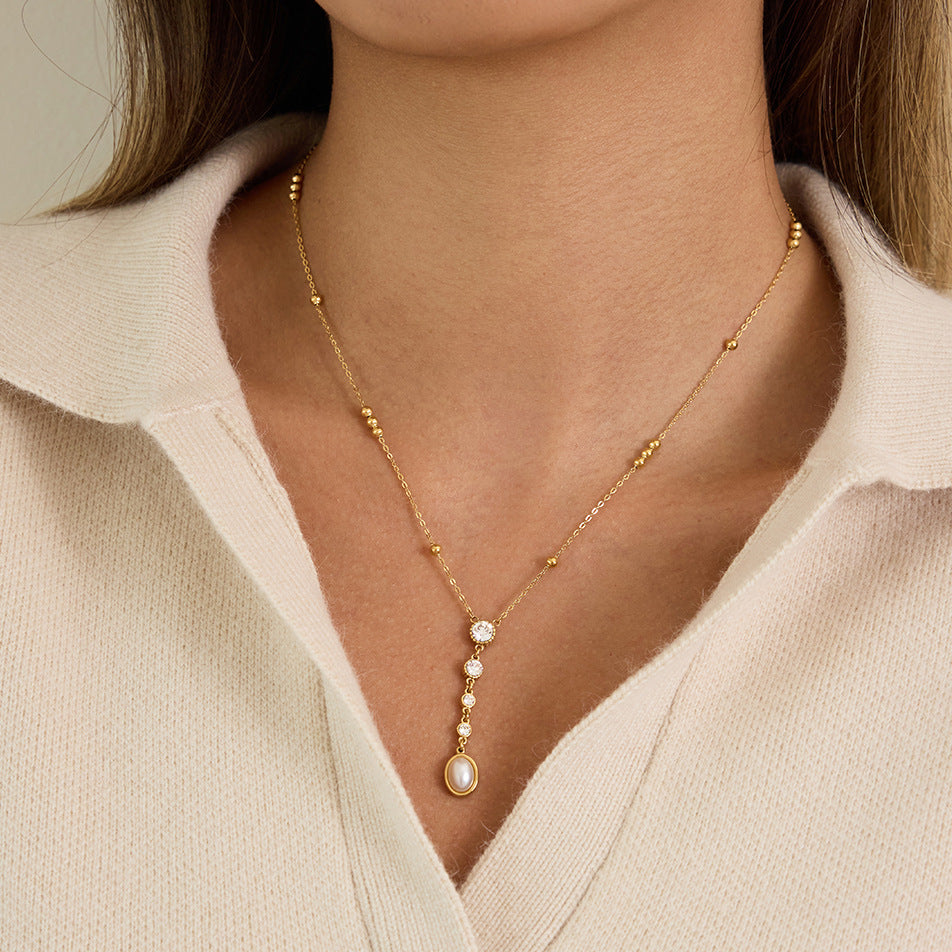 Tarnish-Free Titanium Steel Necklace – Blue Turquoise + Crystal Detail