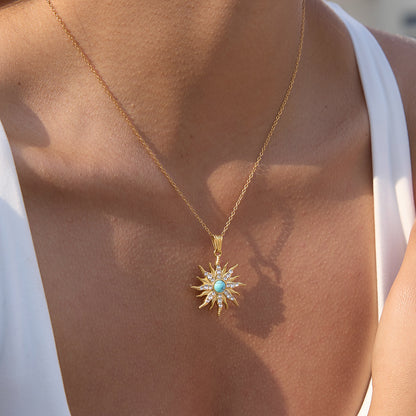 Tarnish-Free Titanium Steel Necklace – Blue Turquoise + Crystal Detail