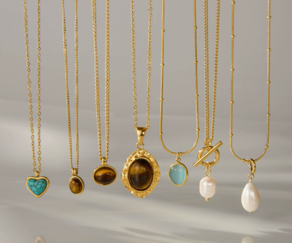 Titanium Steel Collarbone Chain – Pearl & Tiger Eye Accent